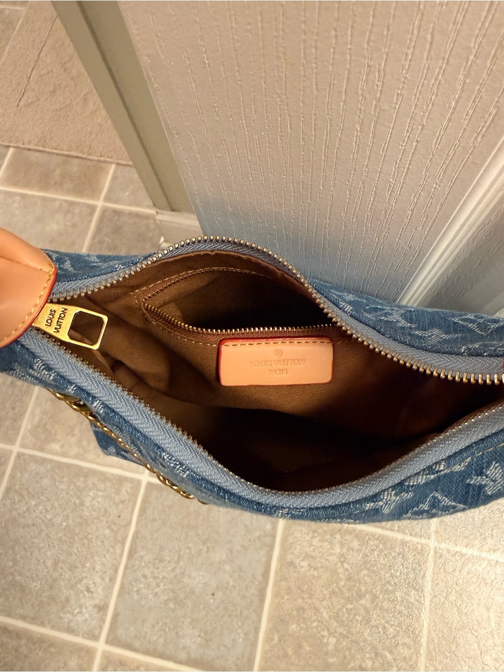 Denim Monogram Shoulder Bag with Gold Chain - Picture 5 of 7